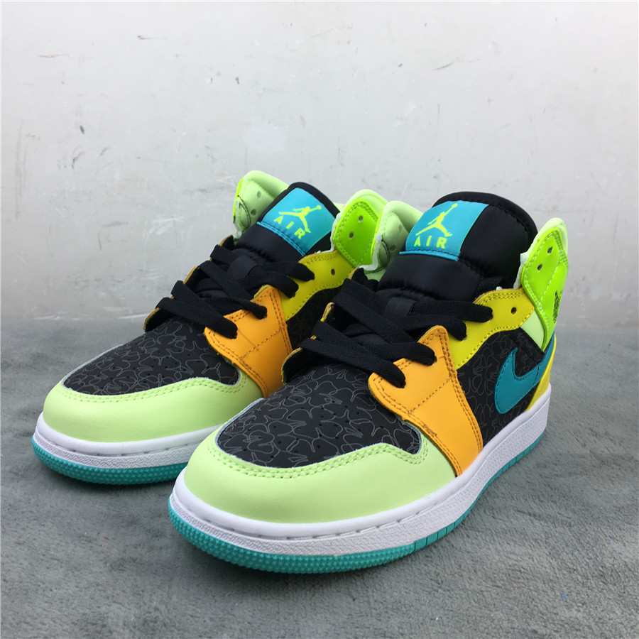 2020 Women Air Jordan 1 Mid SE GS Yellow Black Green Blue - Click Image to Close